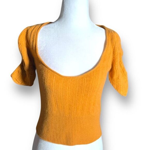 Free People Ava Cashmere Pullover Cropped Scoop Neck Short Sleeve Goldenrod Knit - Picture 11 of 11